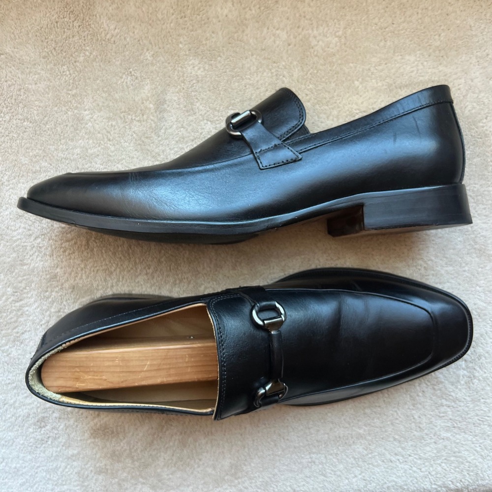 Johnston & Murphy McClain Men 9.5 M Black Leather Bit Loafer Shoes Apron Toe